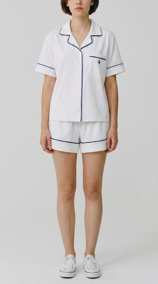 camicia donna e short in jersey bianco e blu 
