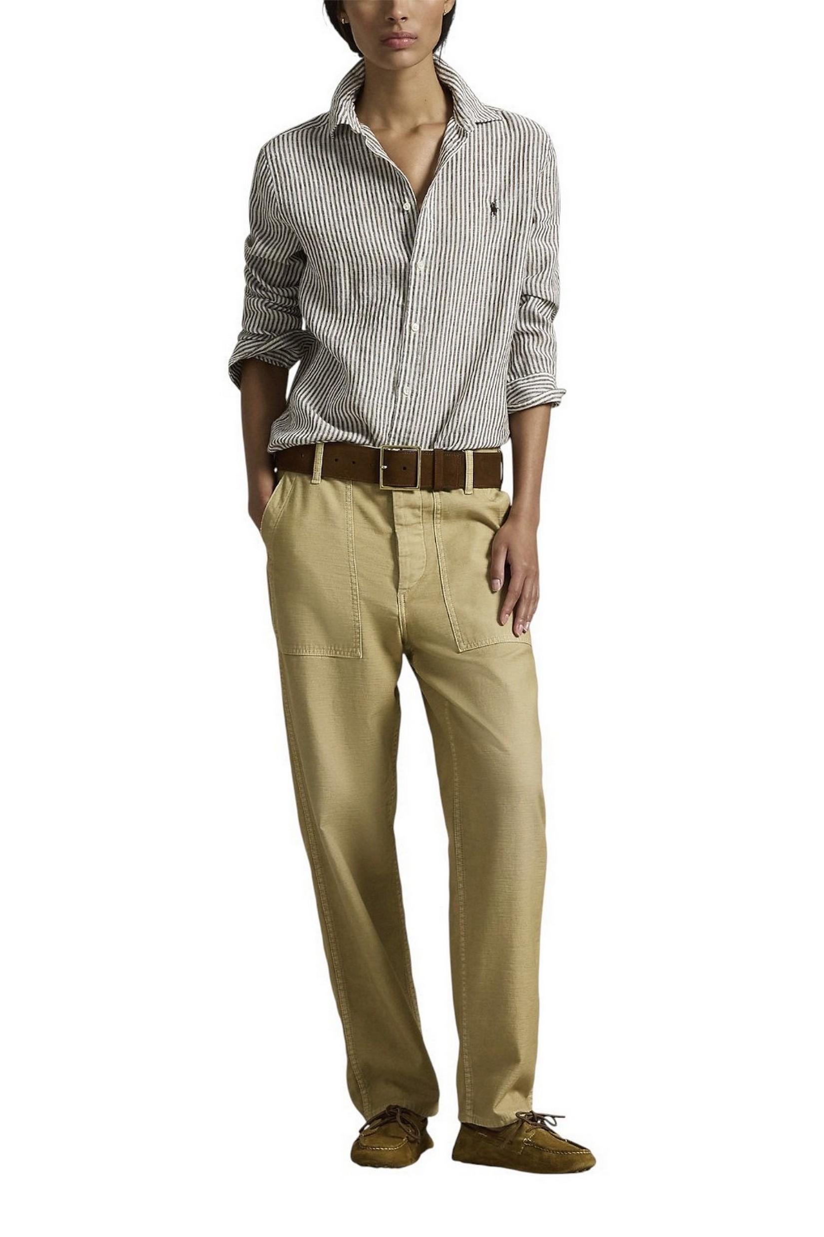 camicia donna in lino over a righe marrone e bianco 