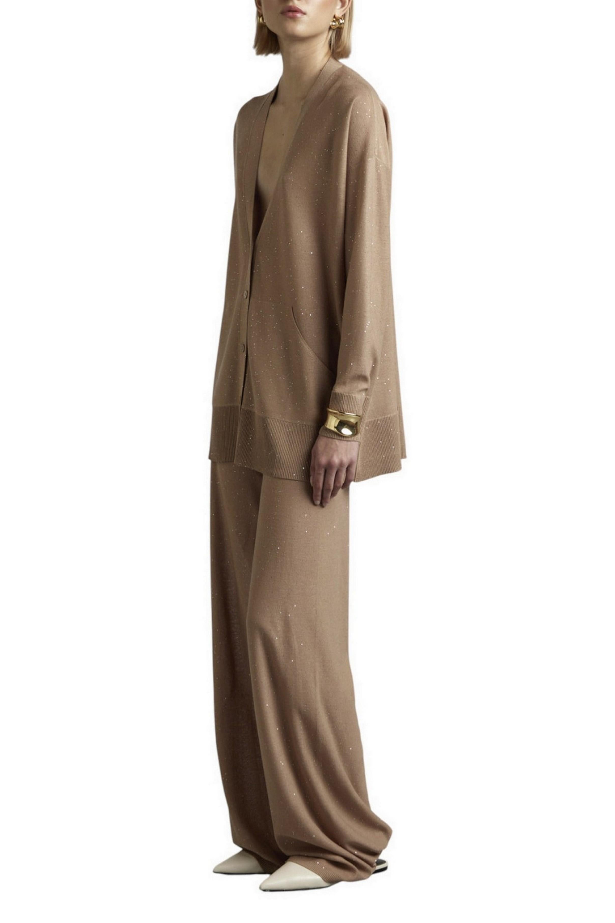 cardigan donna over con punti luce cammello 