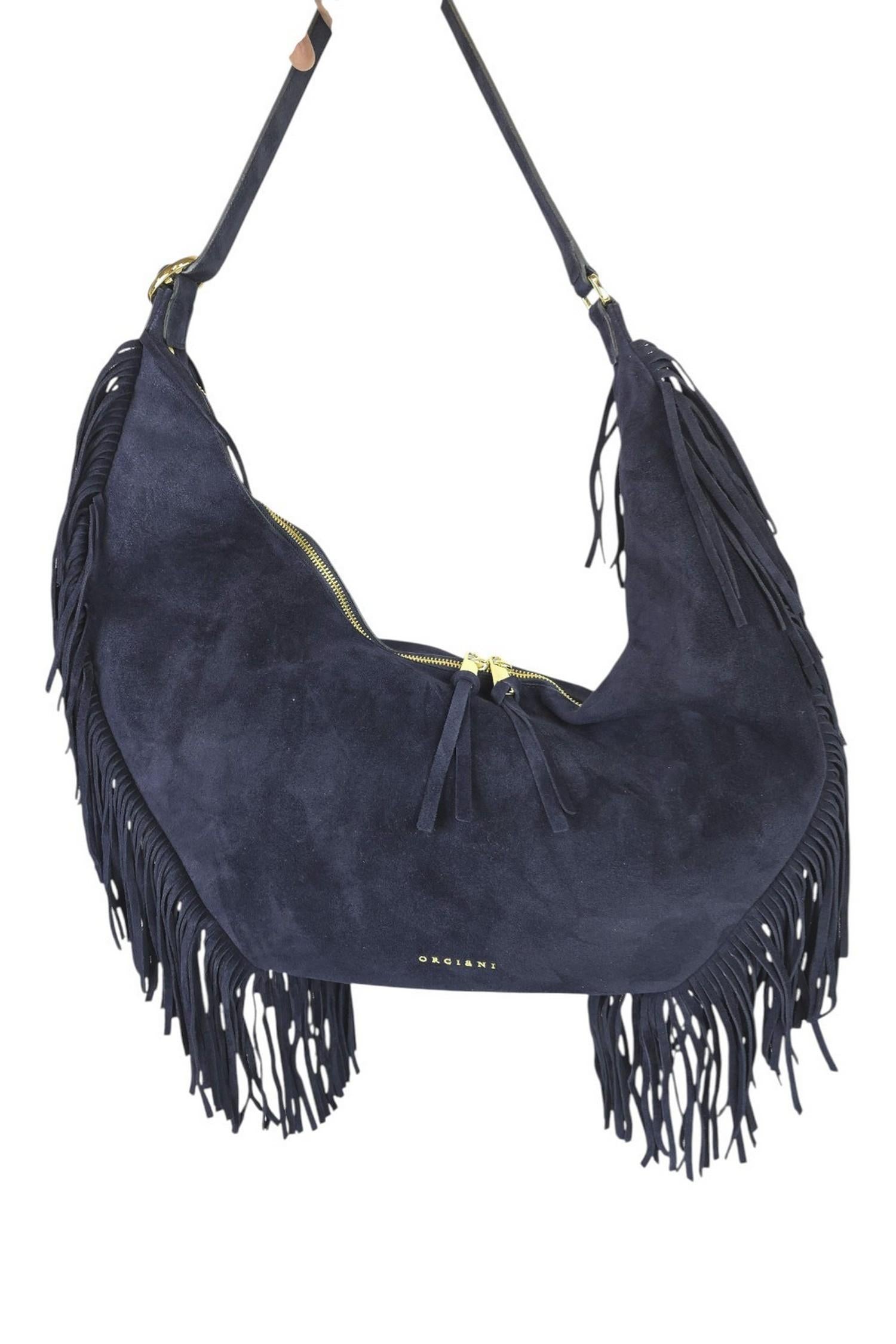 borsa donna isola in camoscio con frange blu 