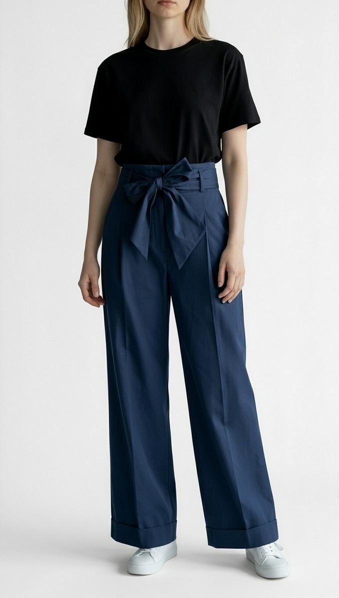 pantalone donna in cotone con fiocco blu 