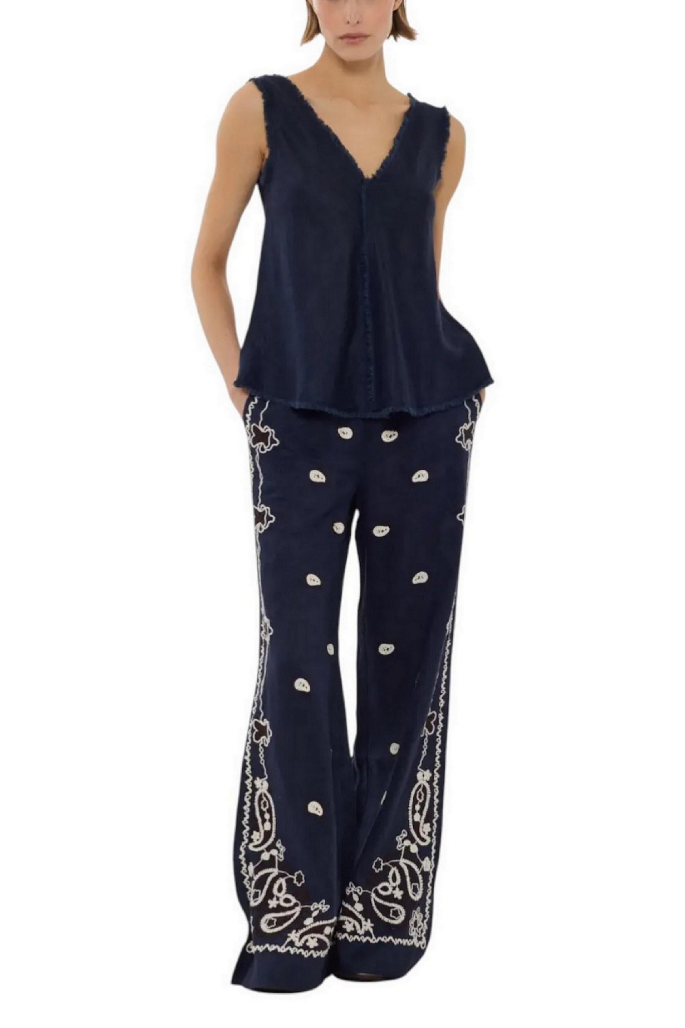 pantalone donna in lino ricamato blu marrone e bianco 