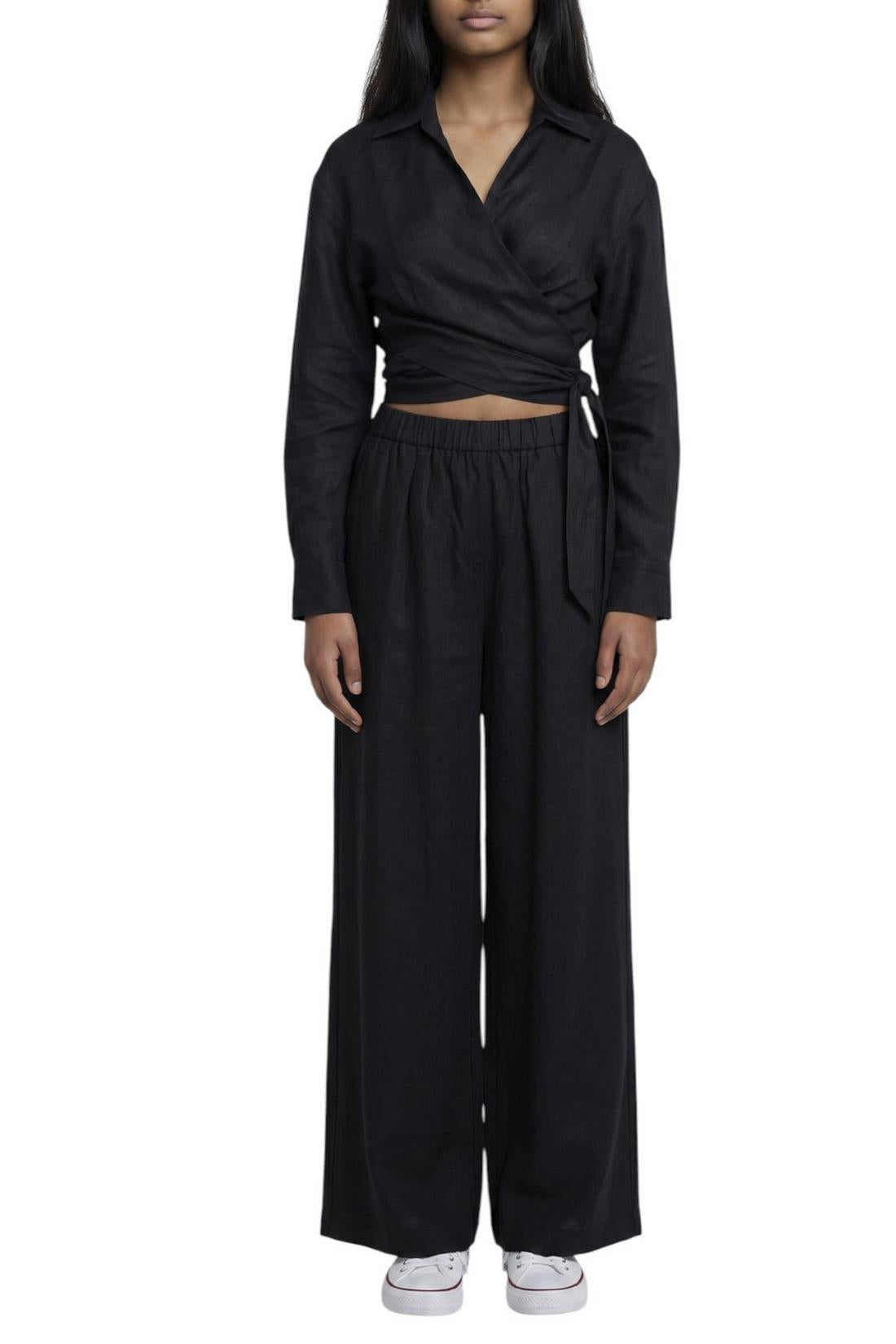 pantalone donna largo in lino nero 