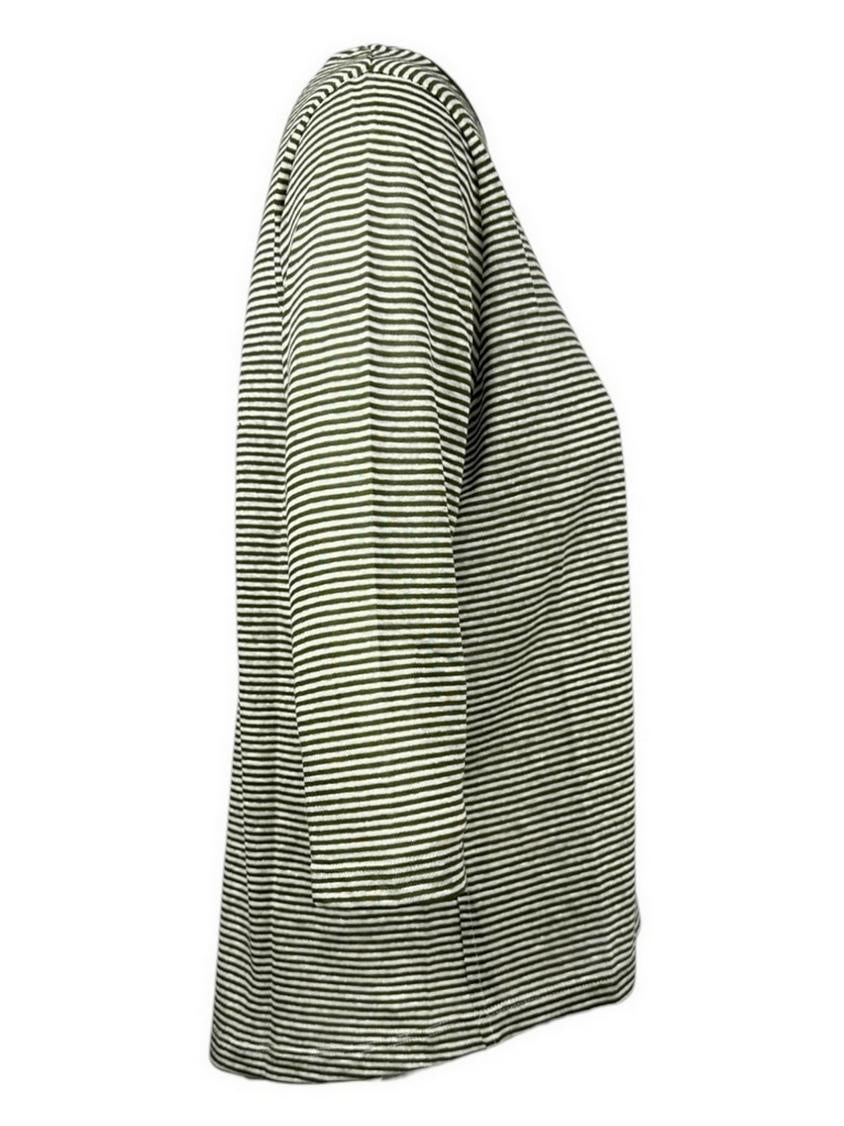t-shirt donna in lino e cotone rigato manica 3/4 militare e bianco 