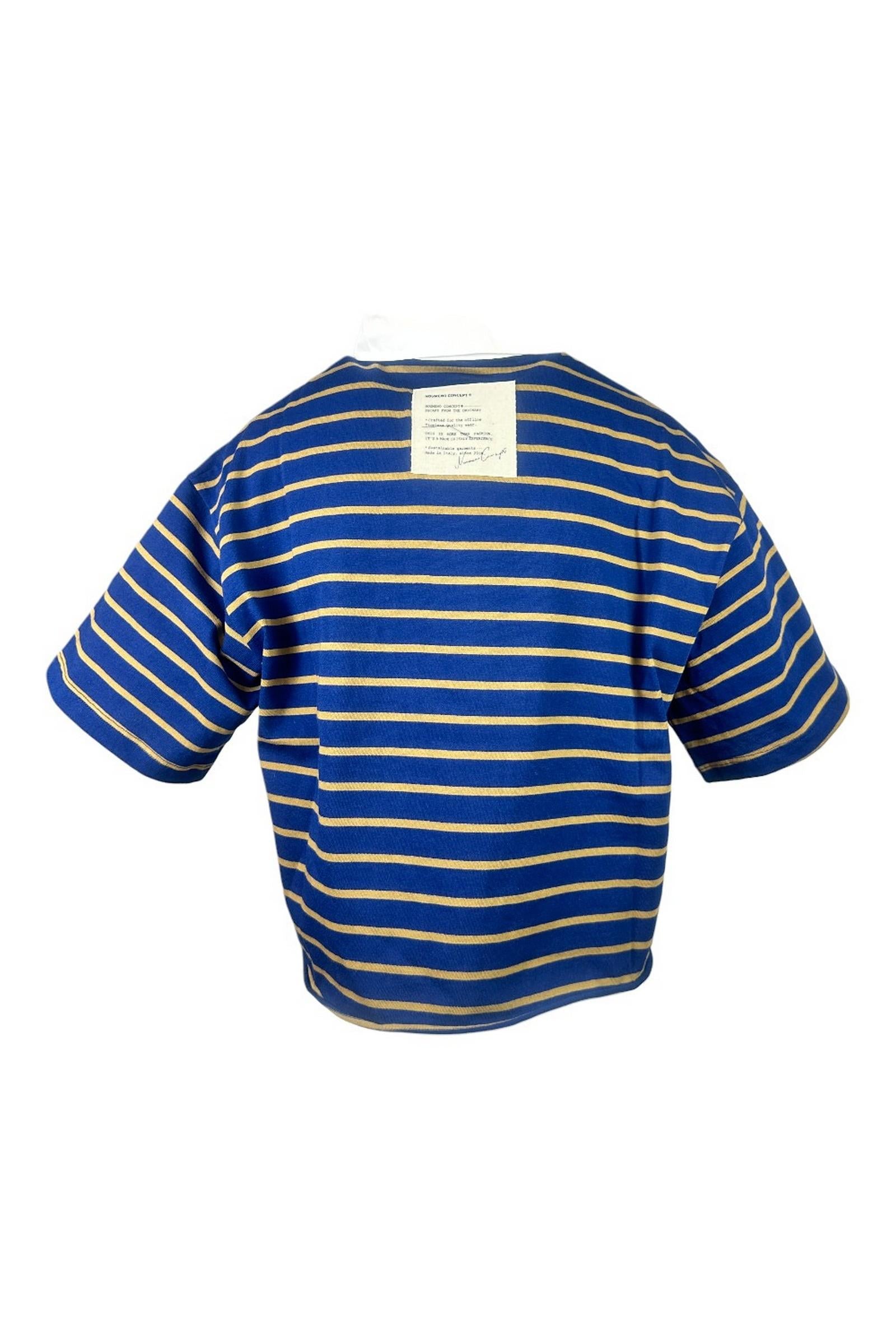 polo donna cropped a righe blu e cammello 