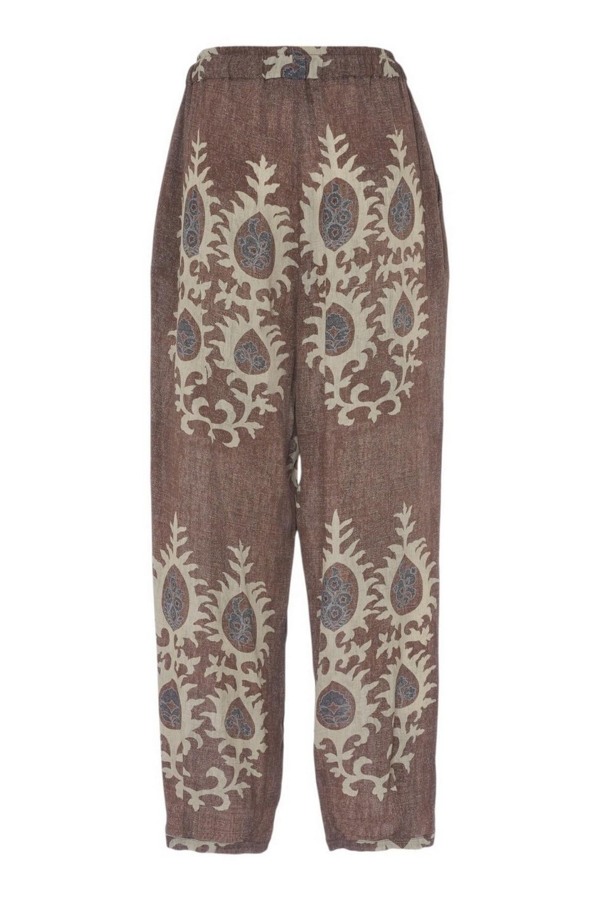 pantaloni donna fantasia etnica marrone e beige 