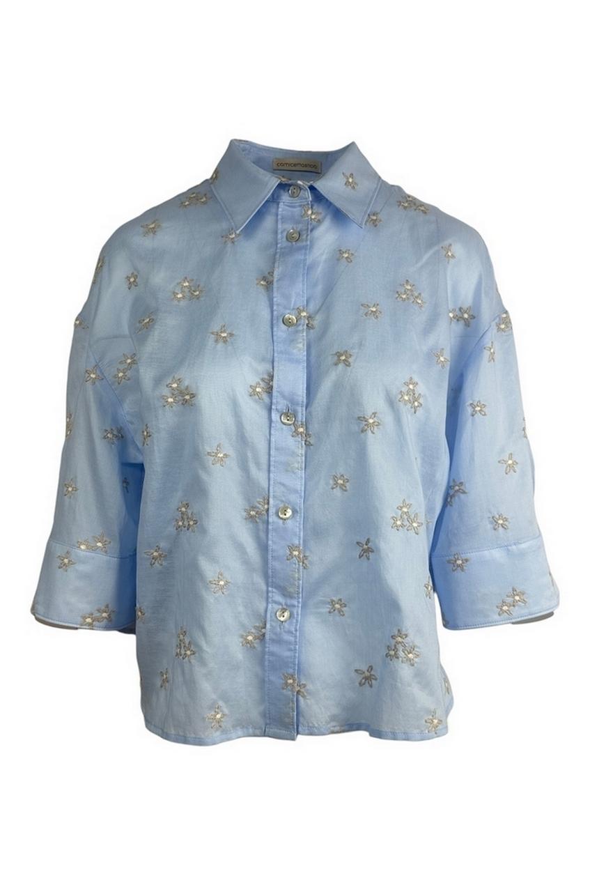 camicia donna ricami azzurra 