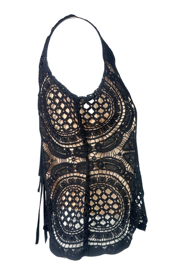 top donna in pizzo nero e beige 
