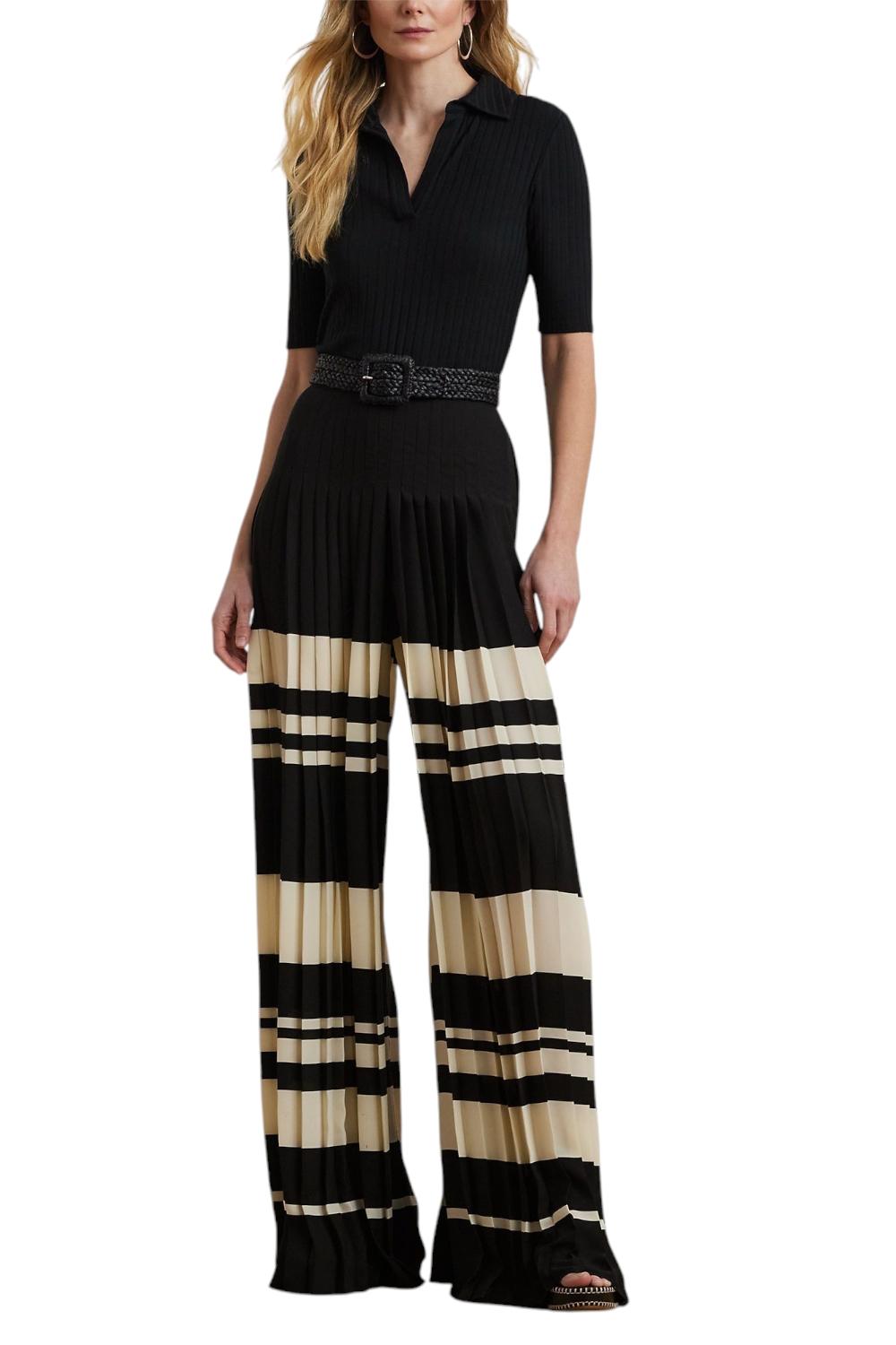 PANTALONI donna IN GEORGETTE PLISSETTATA A RIGHE avorio e nero 