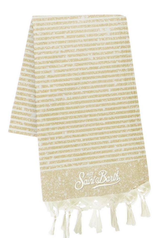 telo mare donna a righe con lurex bianco e oro 