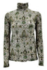 camiseta de mujer modelo cuello alto en jersey con estampado cachemira beige y verde Caliban