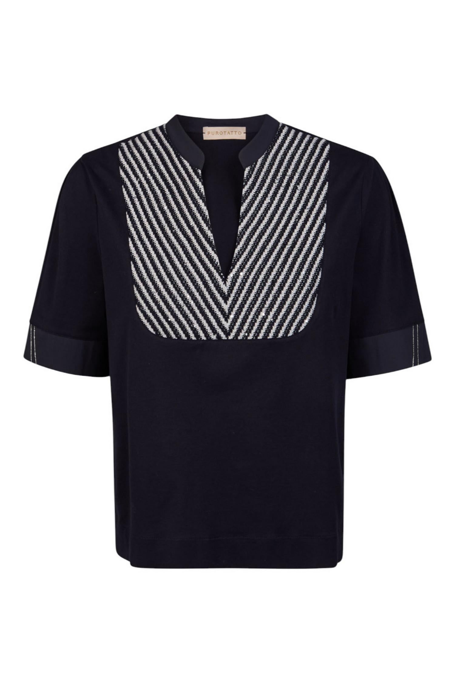t-shirt donna blu con passamaneria blu e bianca 