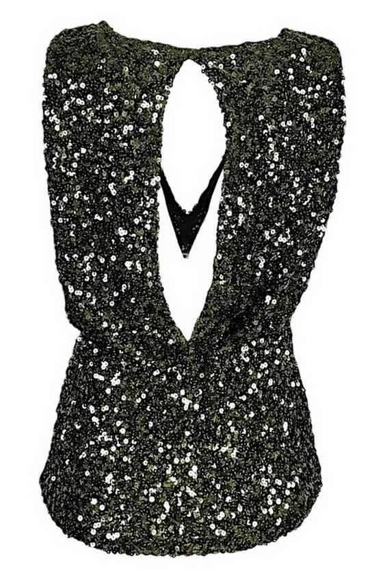 Top donna verde militare in paillettes stretch 