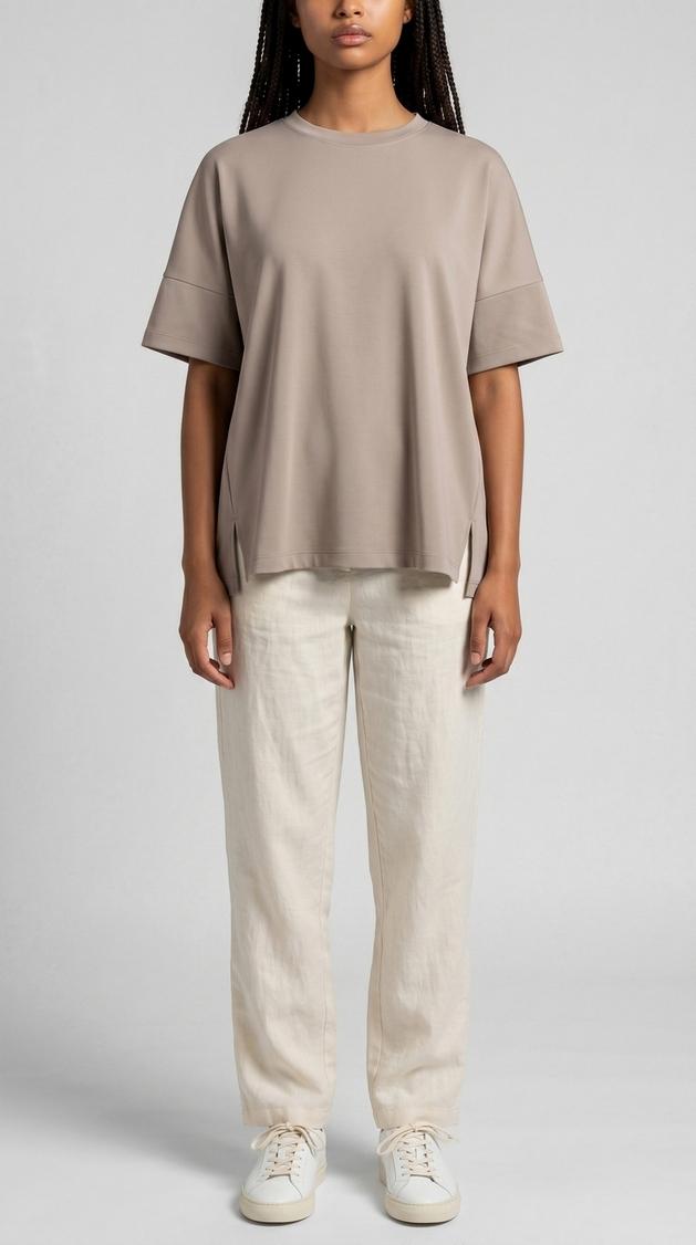 t-shirt donna mezza manica a scatola in cotone crema 