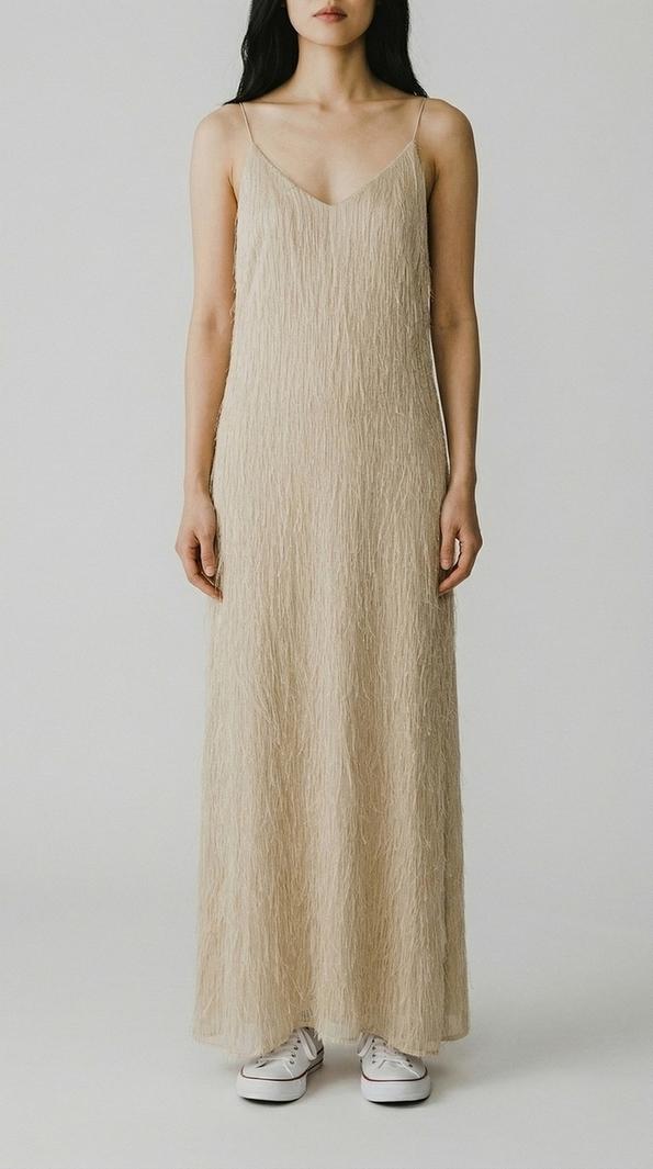 abito donna con piume beige 