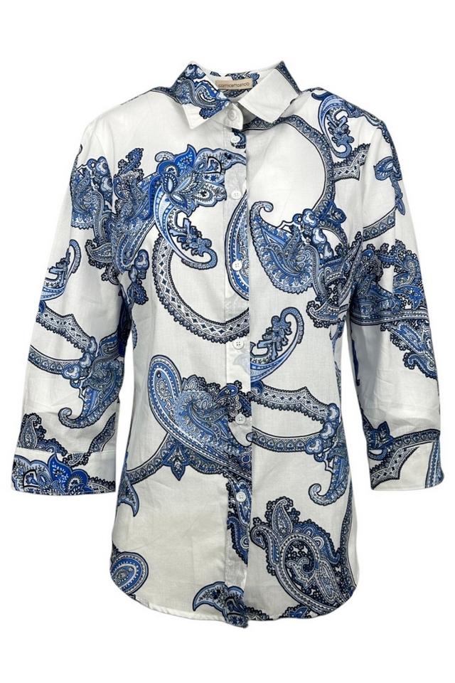 camicia donna fantasia cachemire biaca e blu 