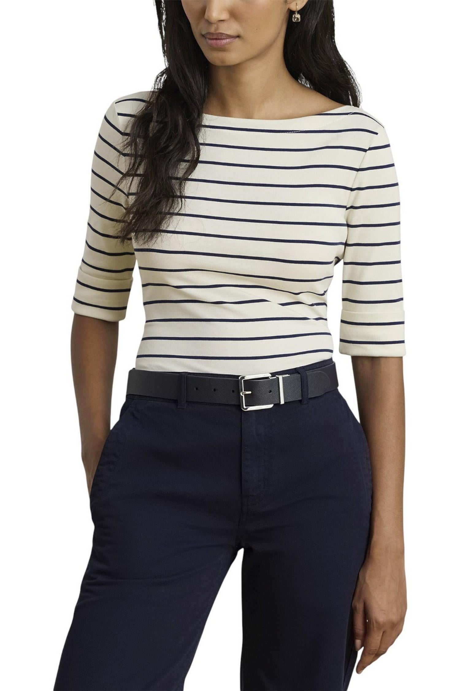 t-shirt donna con manica al gomito a righe avorio e blu 