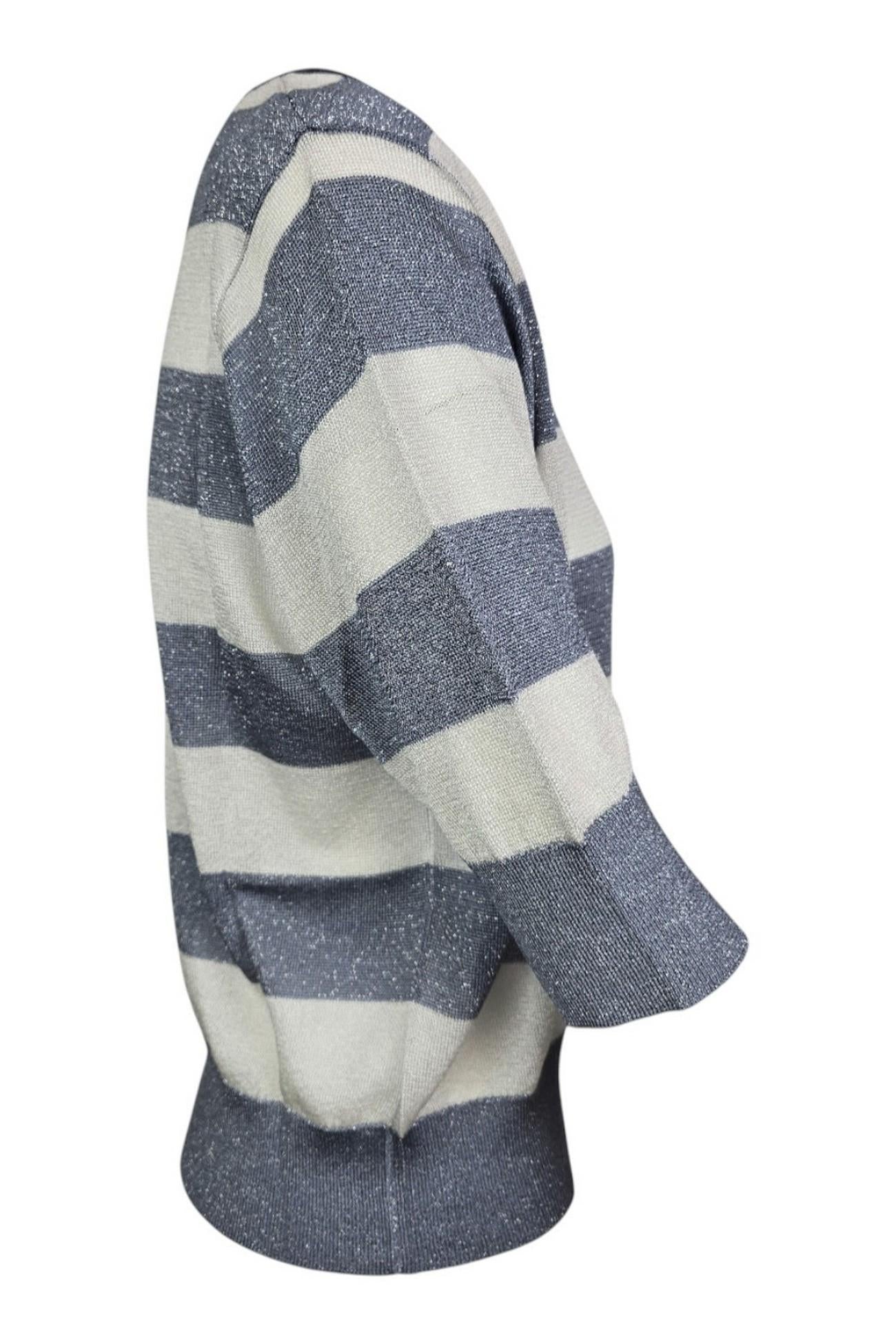 Maglia donna a righe con lurex bianco e azzurro 
