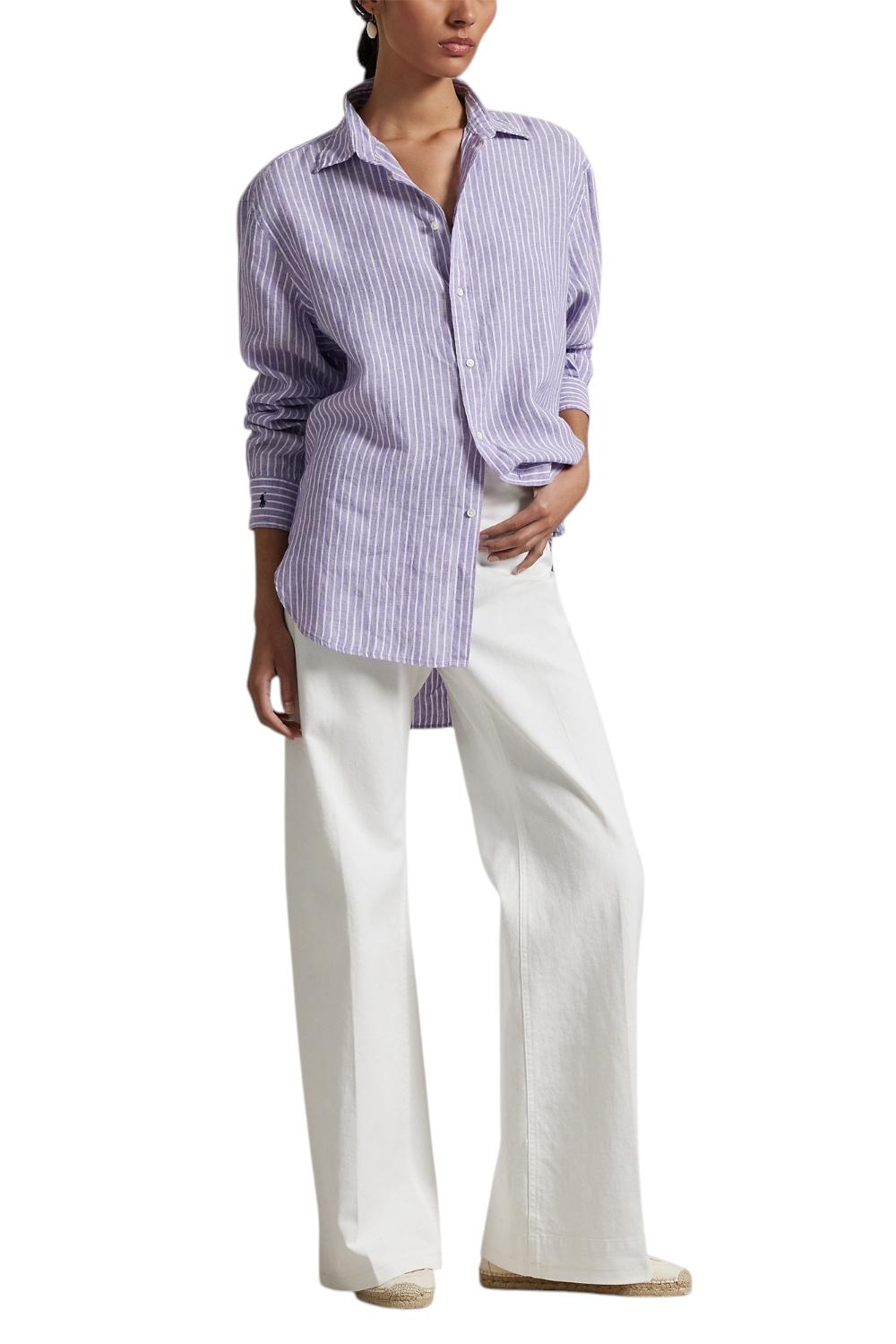 camicia donna in lino a righe lilla e bianco 