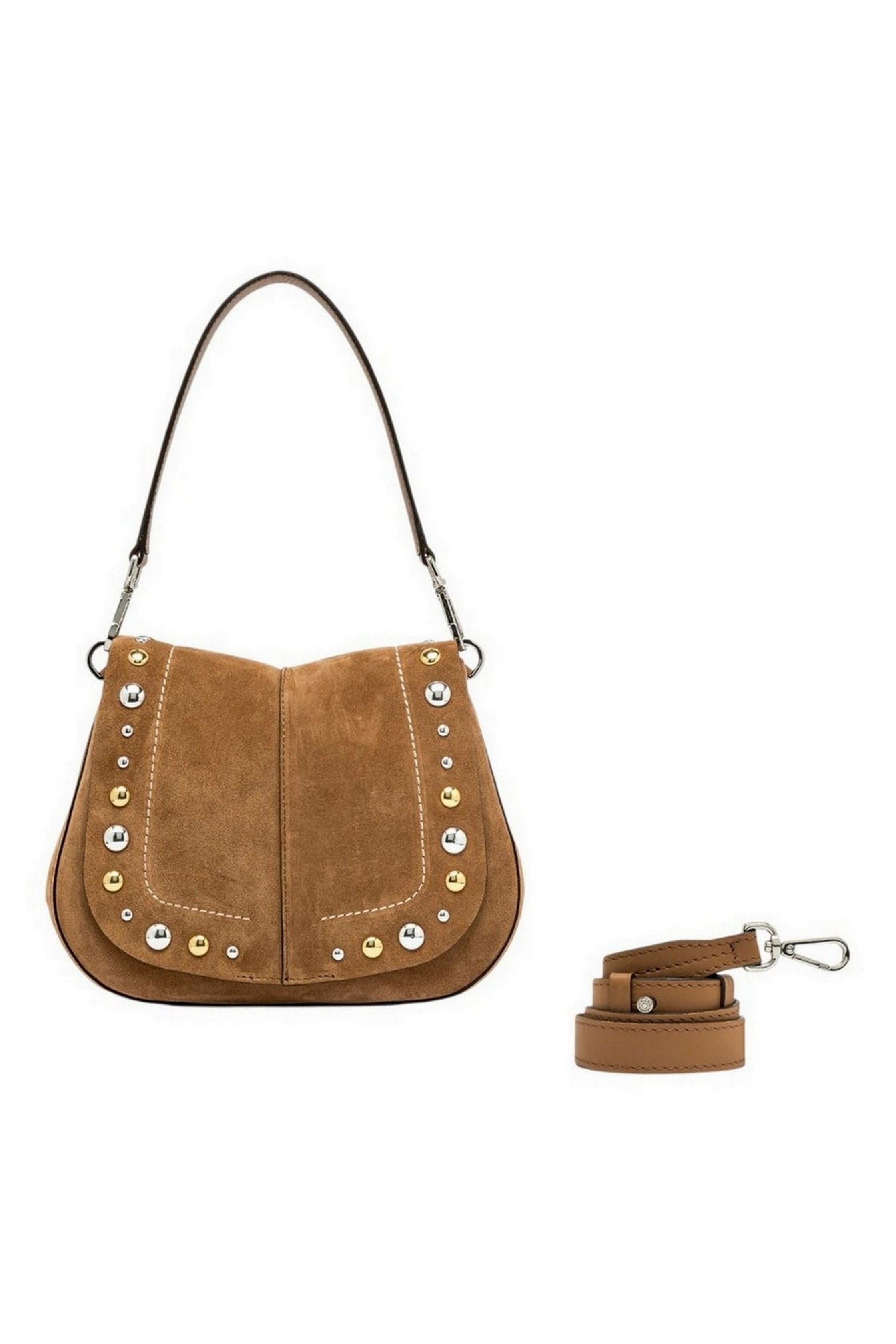 borsa donna helena round in camoscio borchiato cuoio 