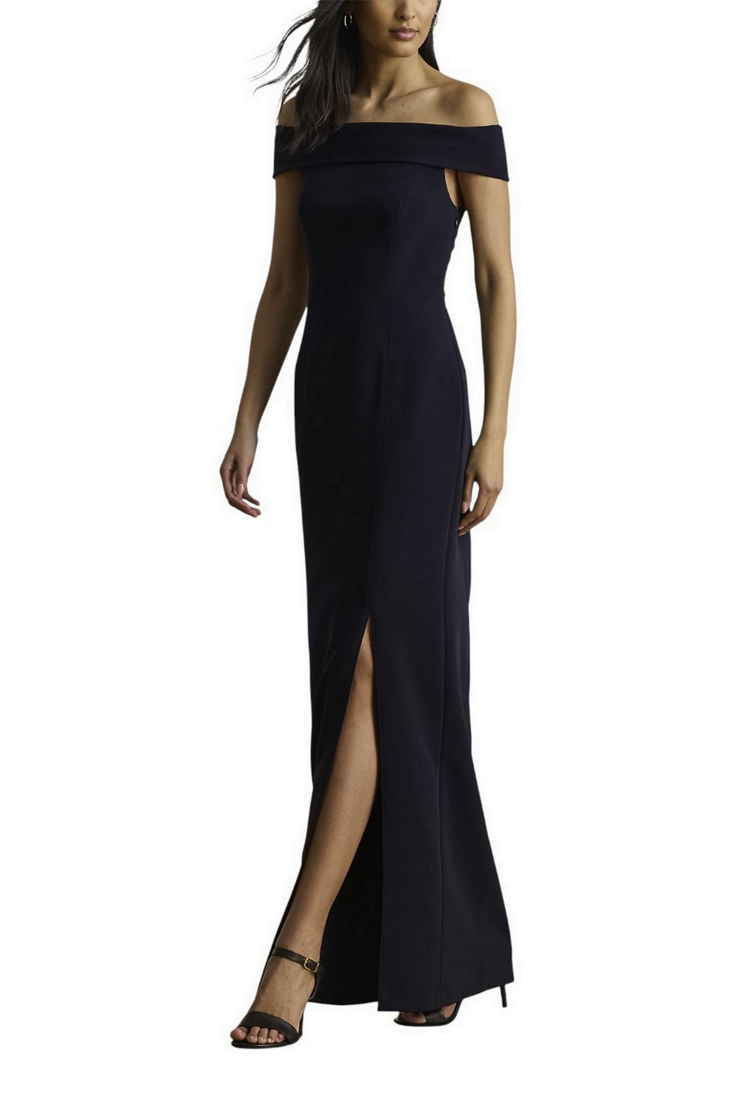 abito donna lungo con spalle scoperte blu 