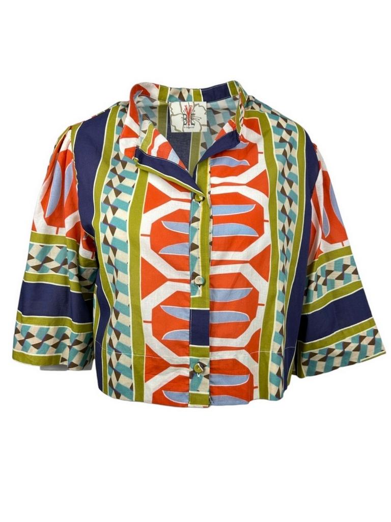 camicia donna corta fantasia atzeca rosso e multicolor 
