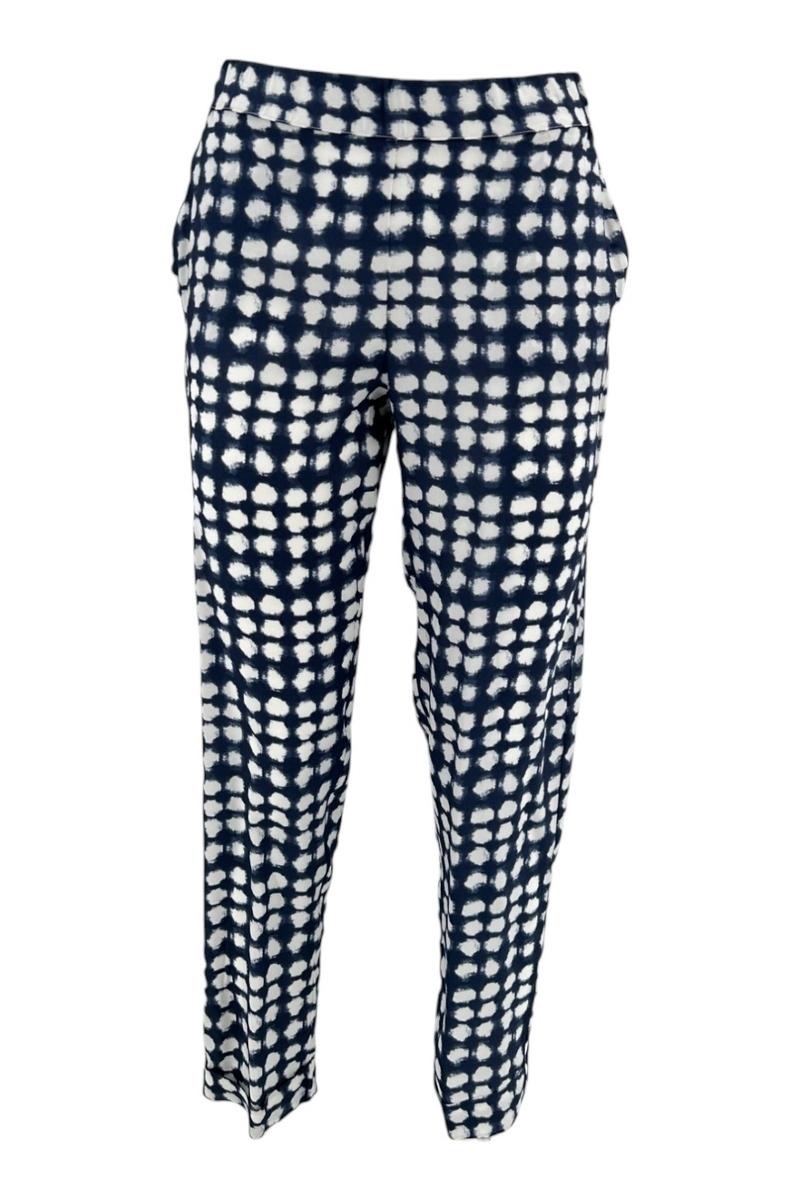 pantalone donna in viscosa fantasia foglie blu e bianco 