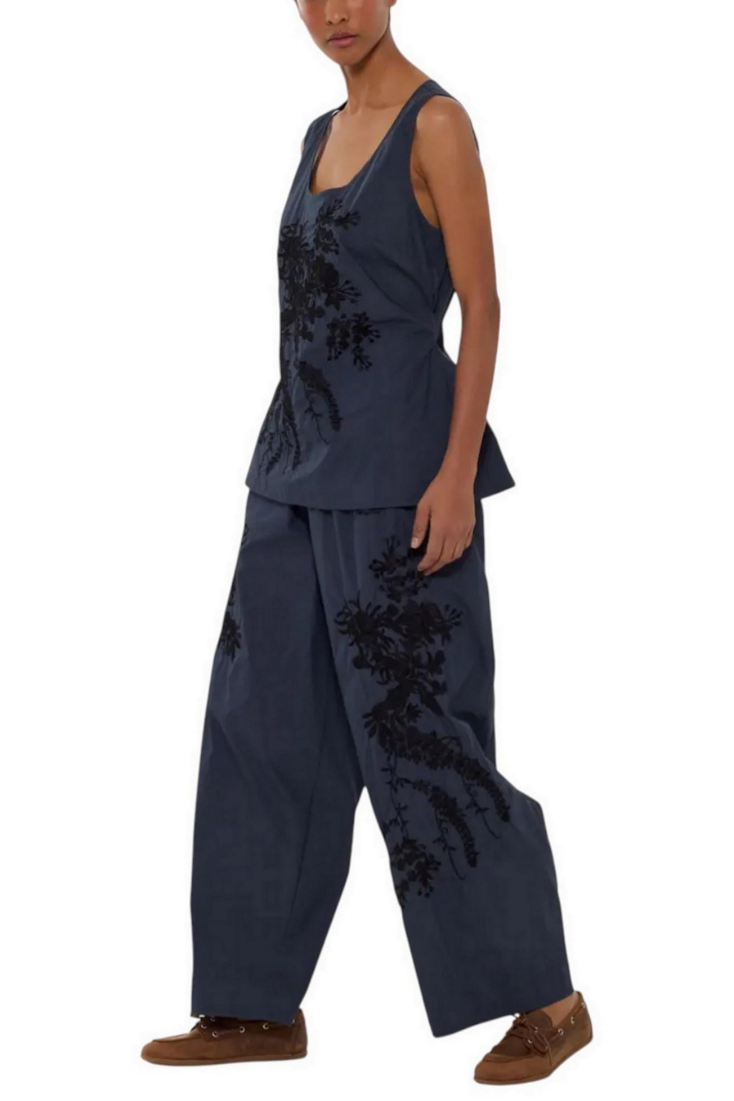 pantalone donna in nylon ricamato blu e nero 