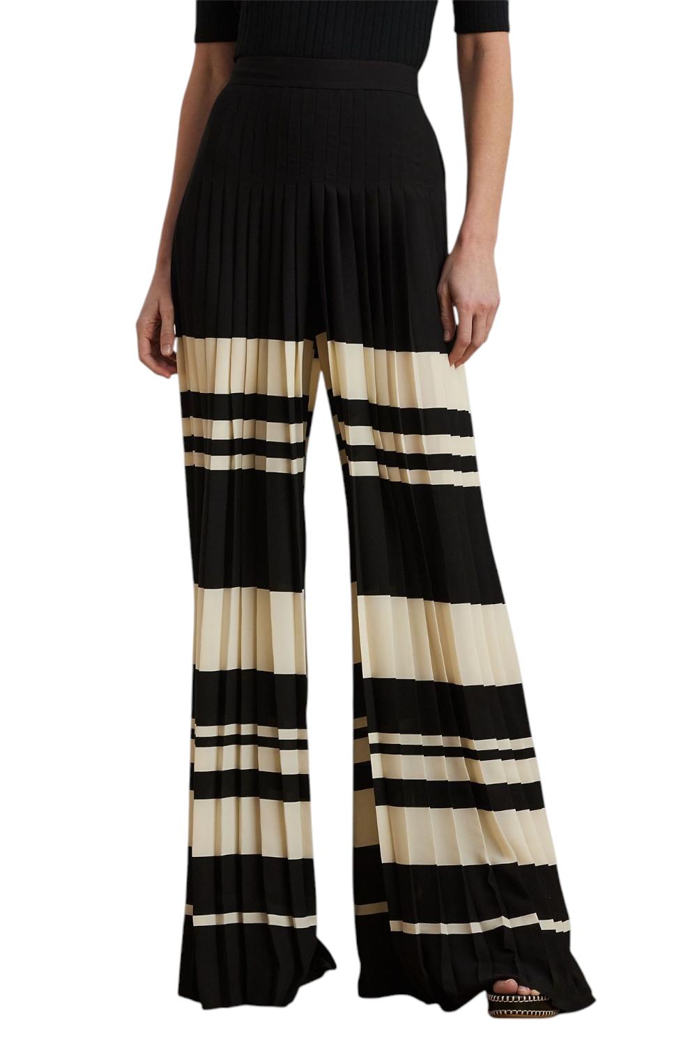 PANTALONI donna IN GEORGETTE PLISSETTATA A RIGHE avorio e nero 
