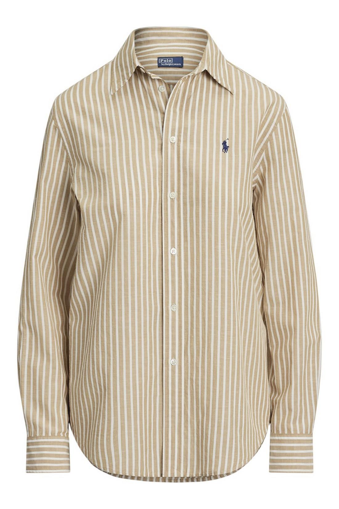 camicia donna in lino e cotone over a righe beige e bianco 