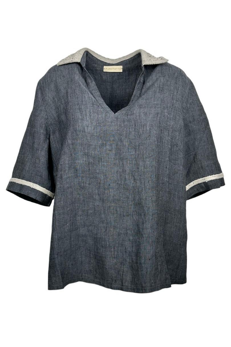camicia donna con dettagli uncinetto grigia 