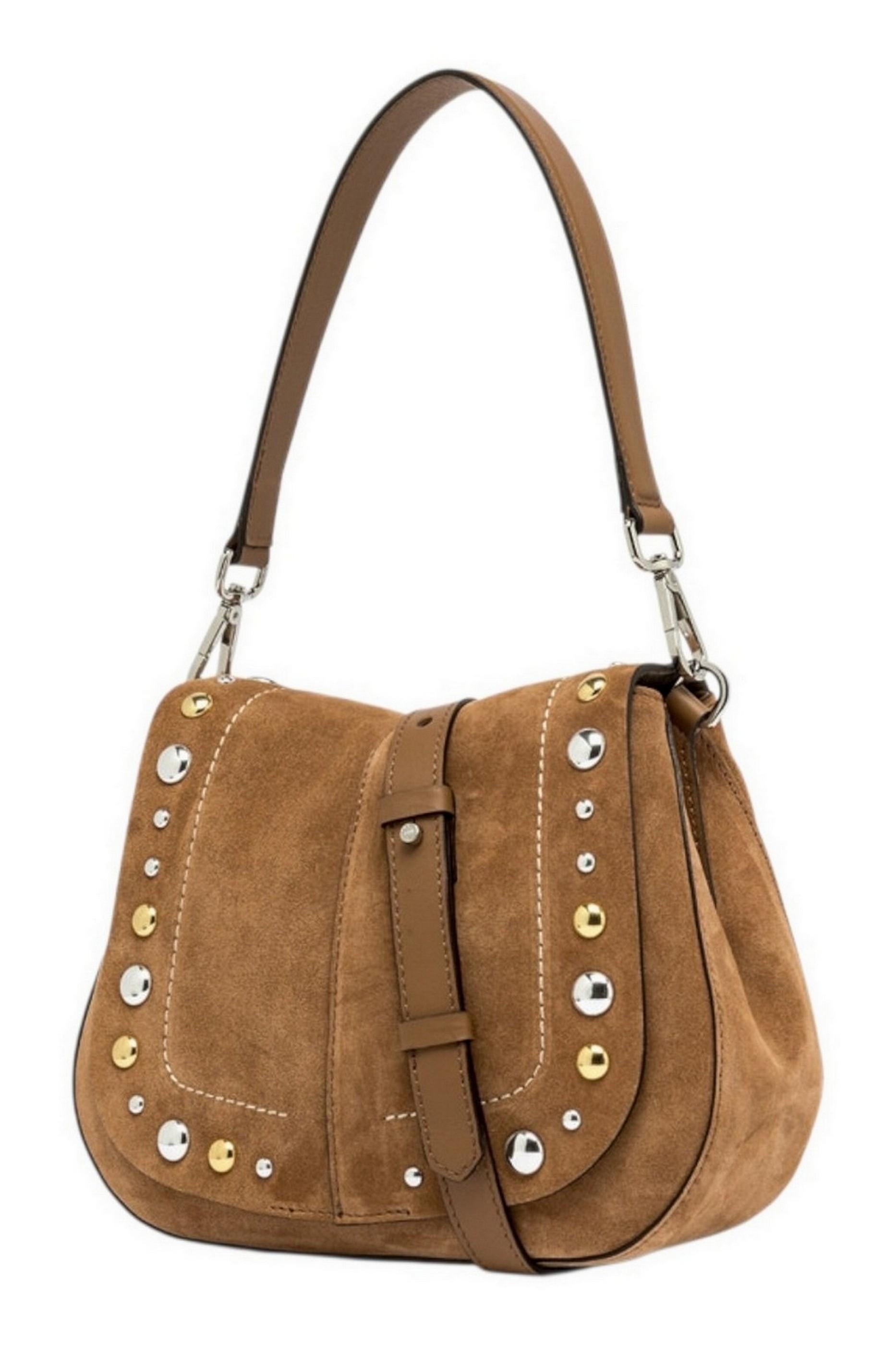 borsa donna helena round in camoscio borchiato cuoio 