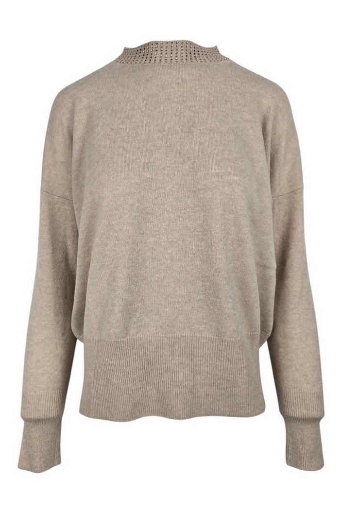 maglia donna girocollo strass al collo sabbia 