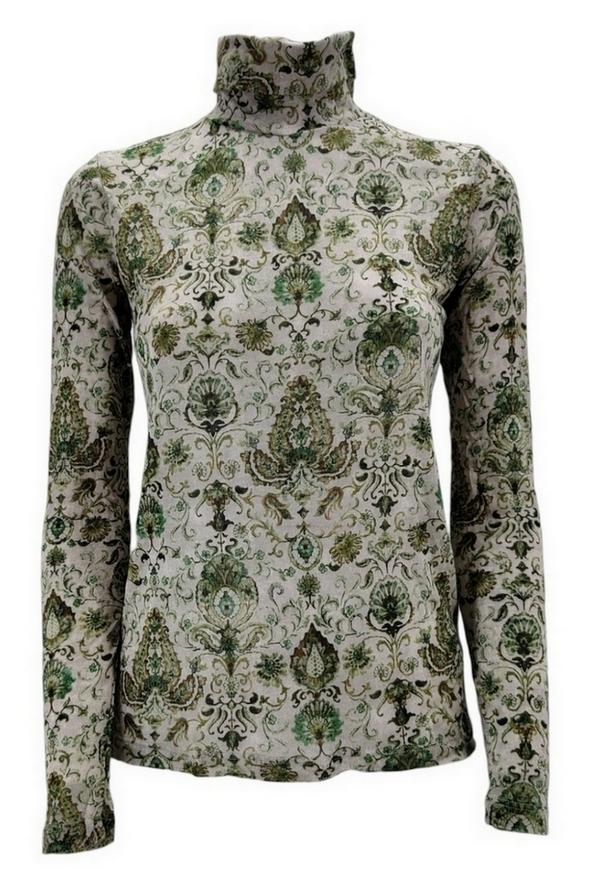T-shirt donna modello lupetto in  jersey fantasia cachemire beige e verde 
