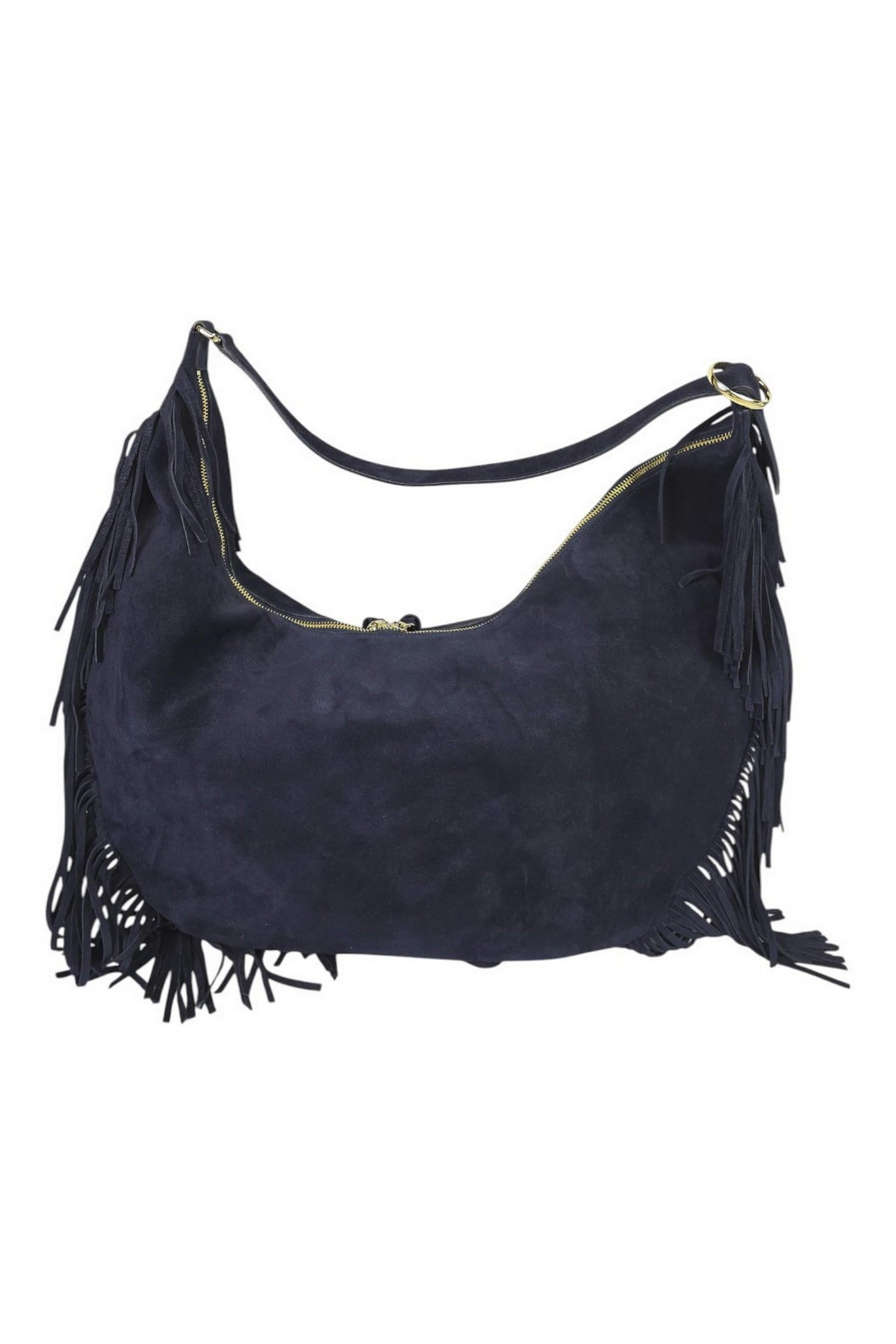 borsa donna isola in camoscio con frange blu 