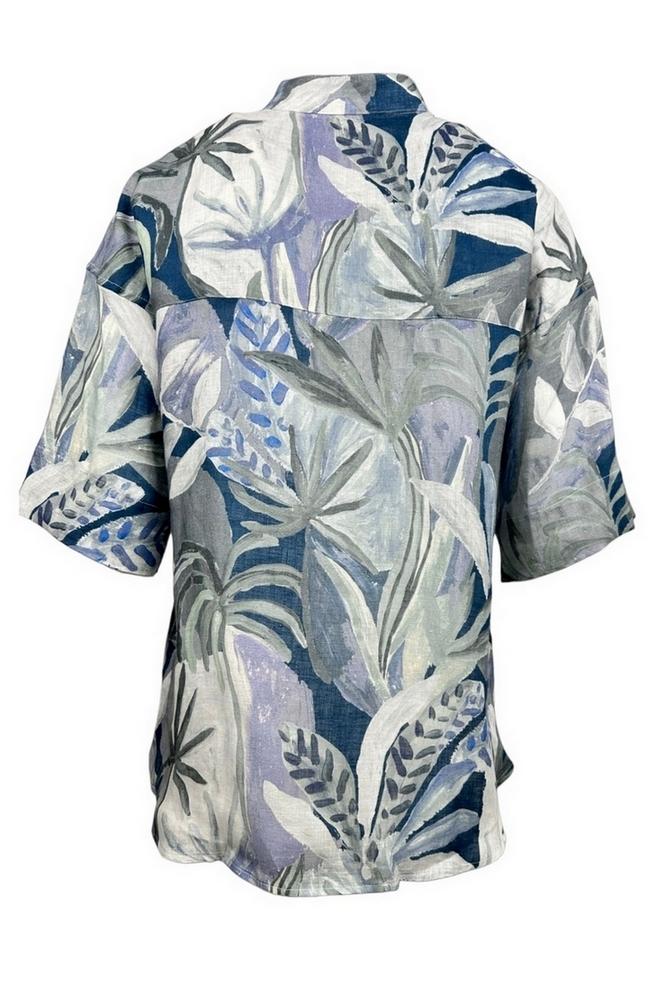 camicia donna fantasia foglie blu e grigio 