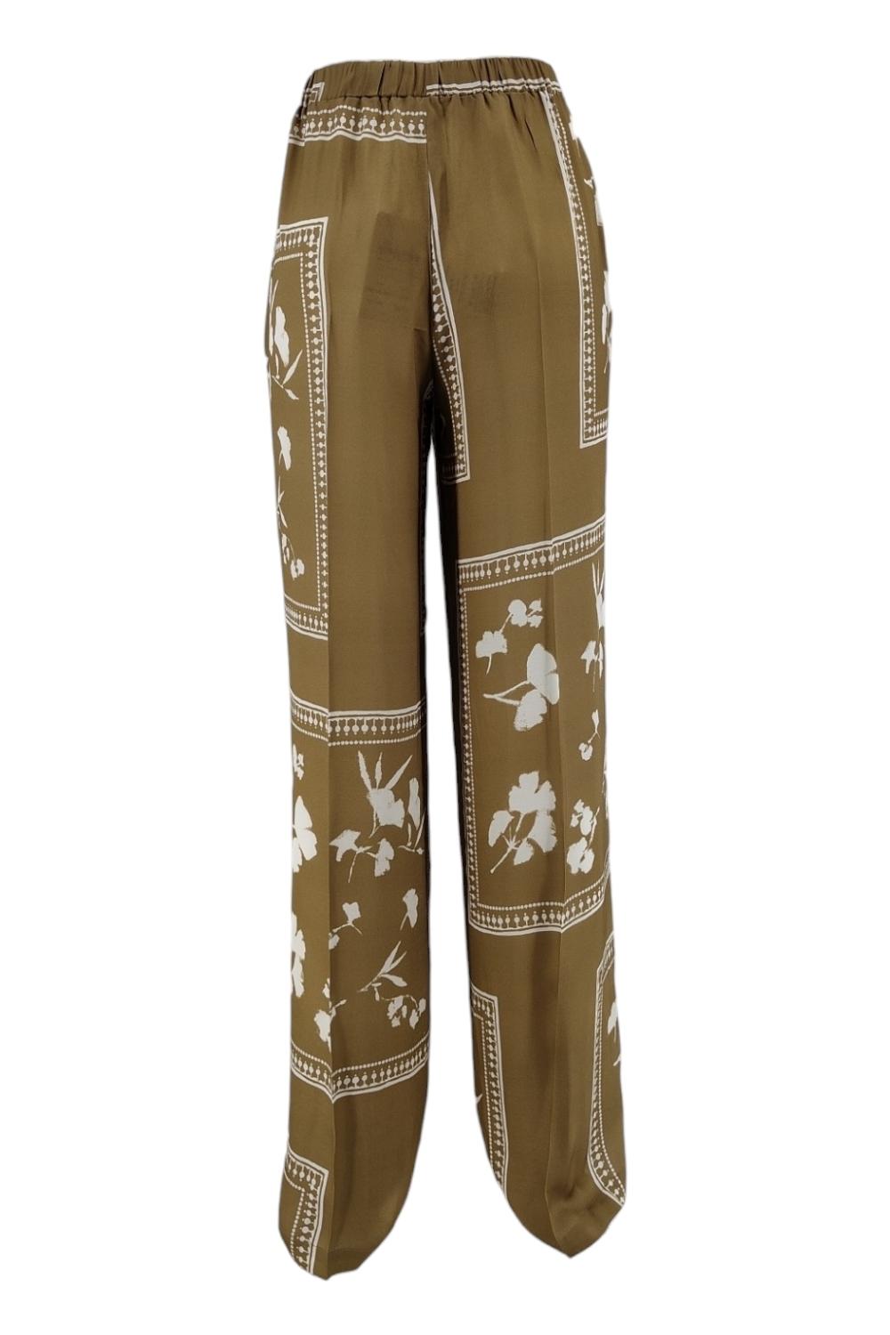 pantalone donna largo fantasia fiori cammello e avorio 