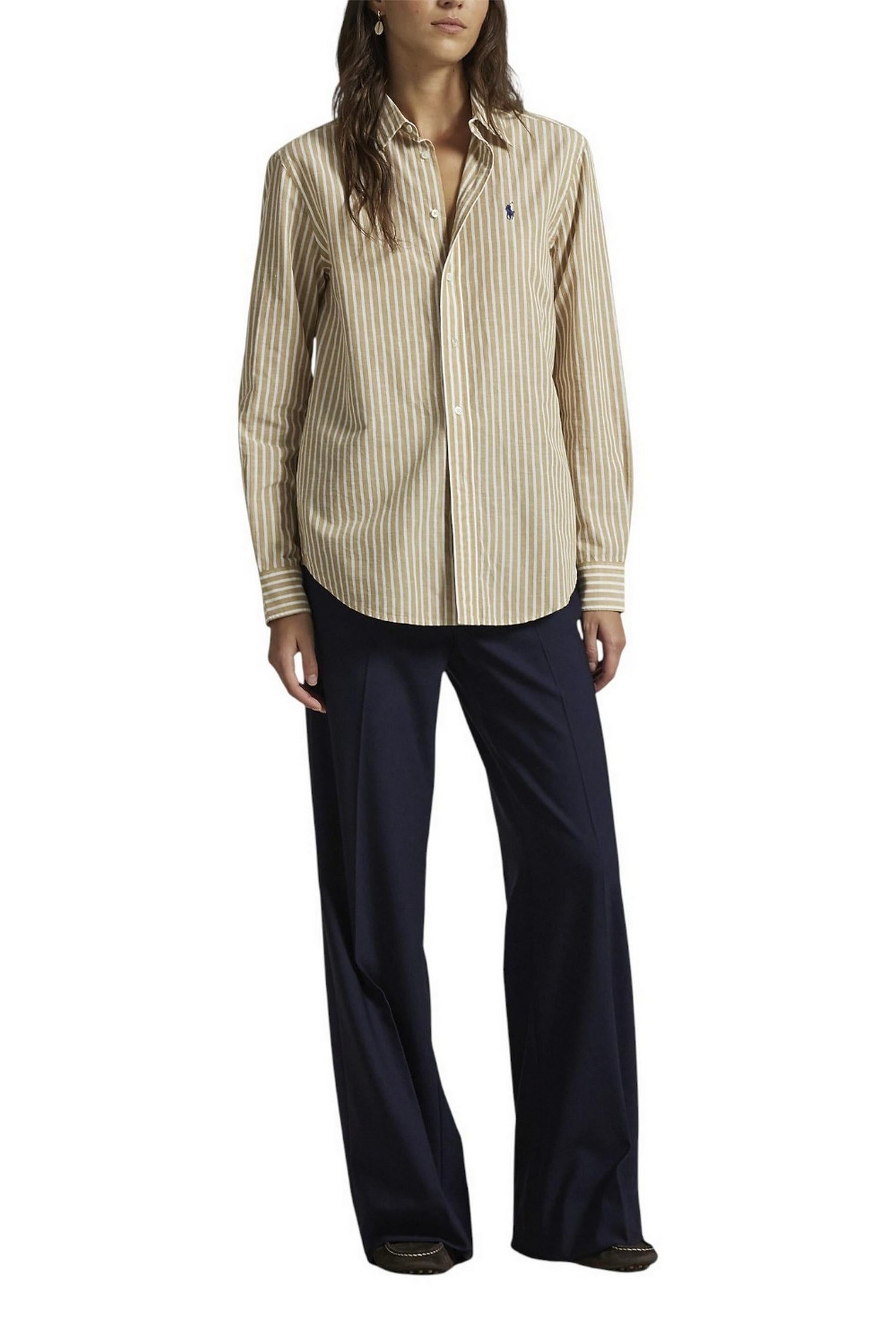 camicia donna in lino e cotone over a righe beige e bianco 