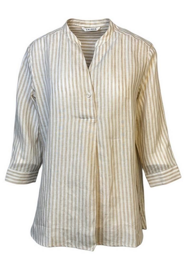 camicia donna fantasia righe in lino biaca e beige 