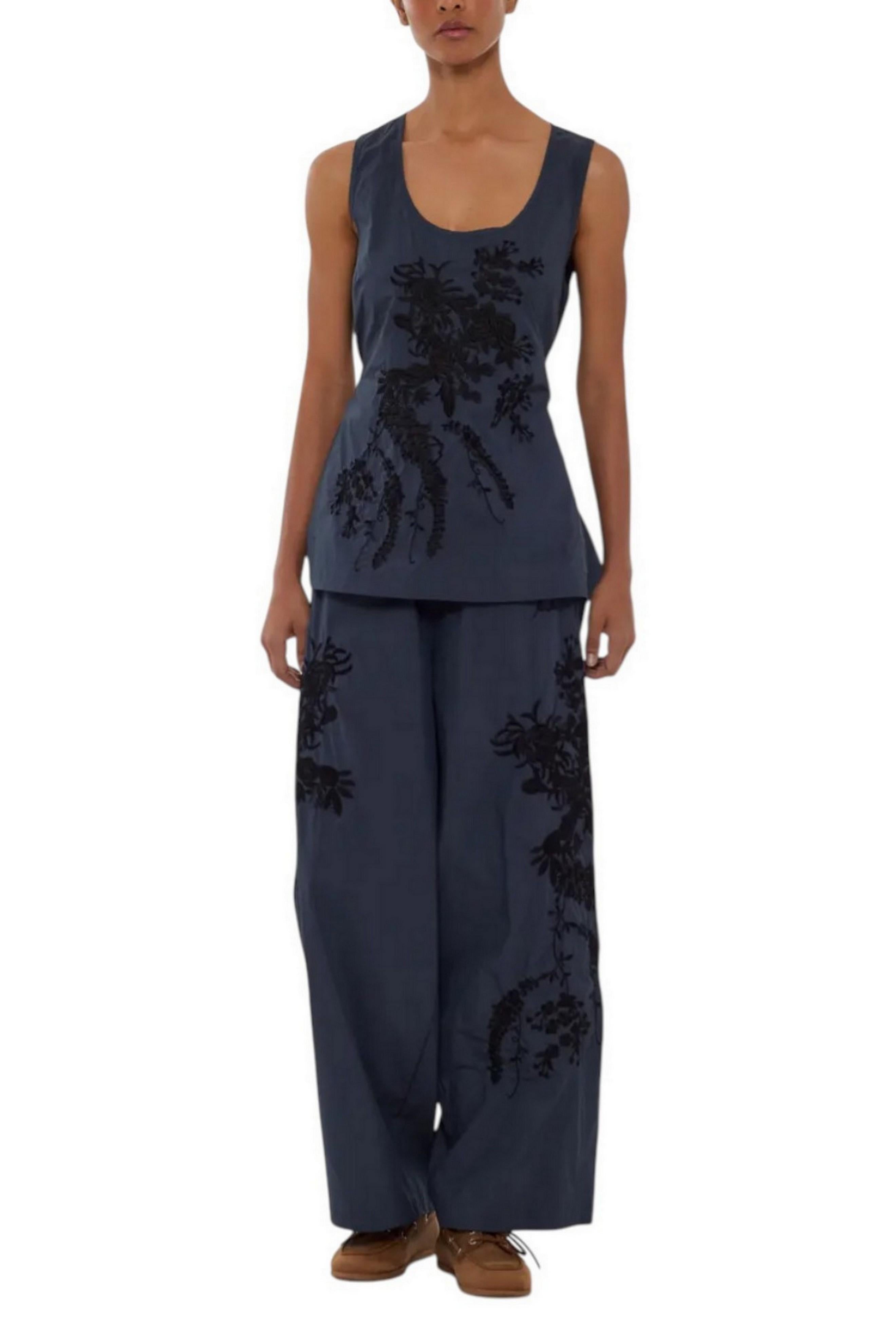 pantalone donna in nylon ricamato blu e nero 