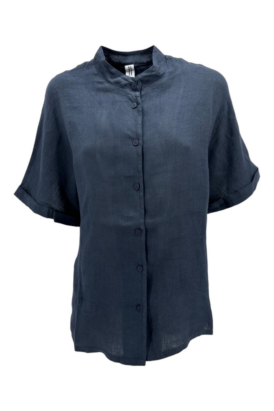 camicia donna coreana in lino blu 