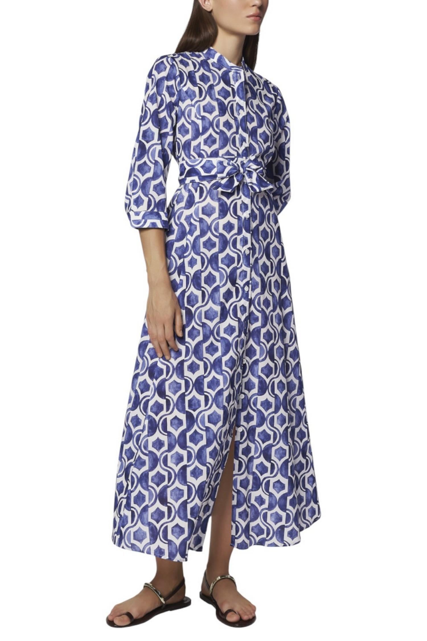 abito donna fantasia geometrica blu e bianco 