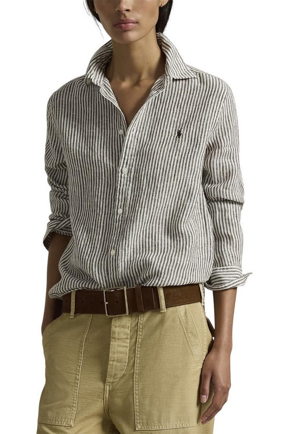 camicia donna in lino over a righe marrone e bianco 