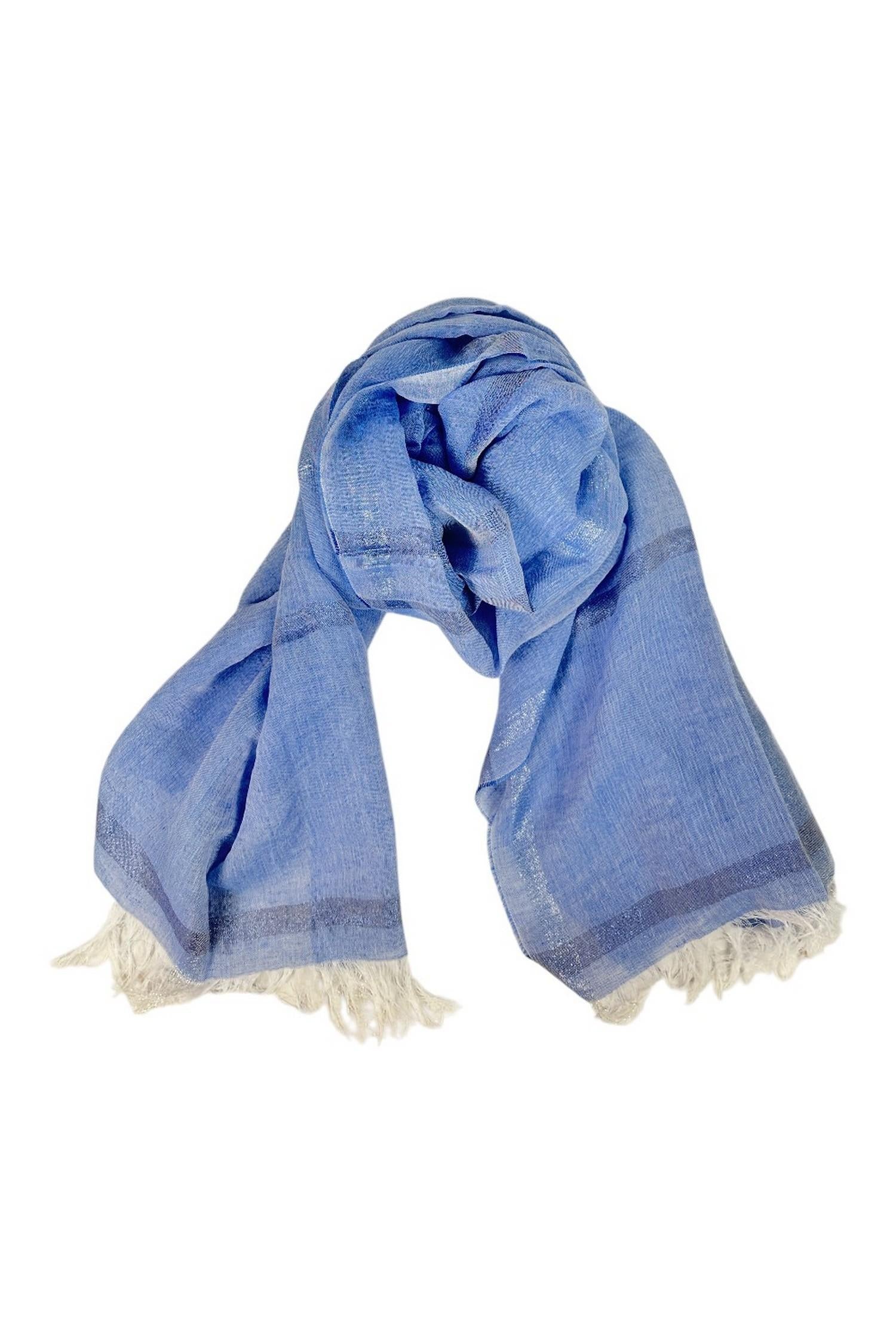 sciarpa donna in lino a righe con frange azzurro 