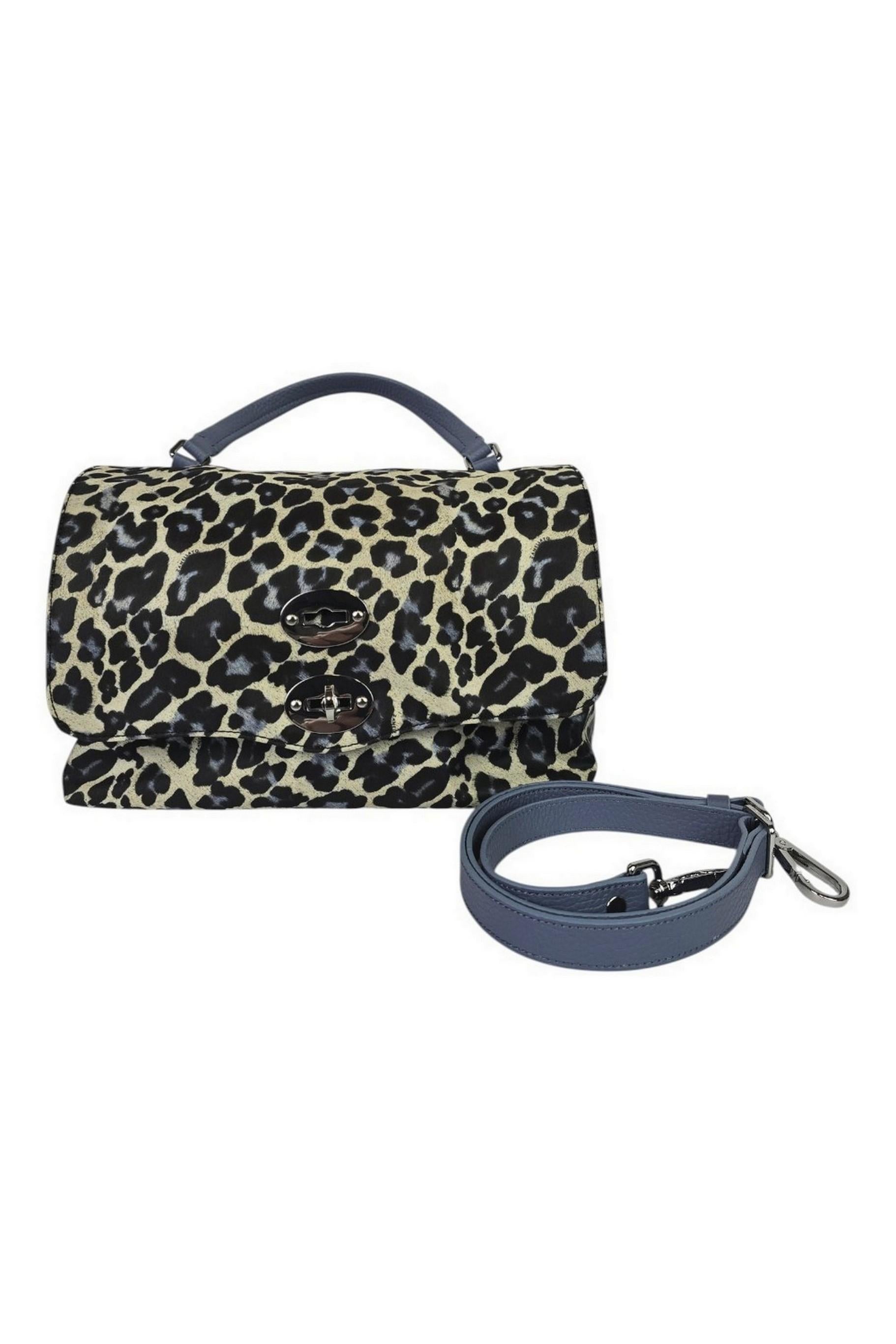 borsa donna postina small in nylon maculato azzurro e beige 
