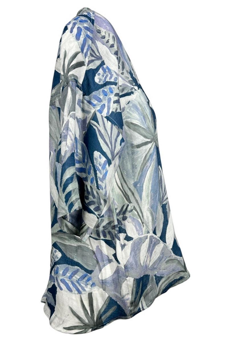 camicia donna fantasia foglie blu e grigio 