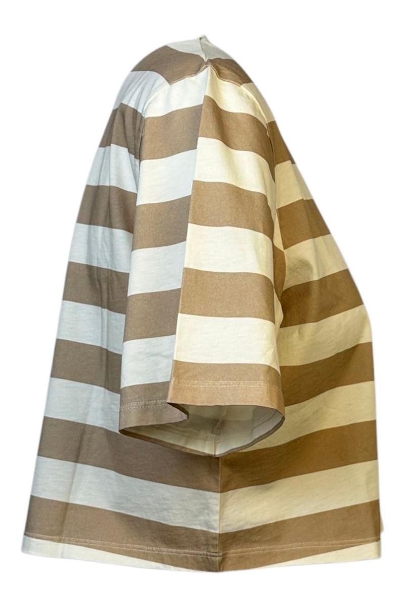 t-shirt donna rigata cropped beige e bianco 
