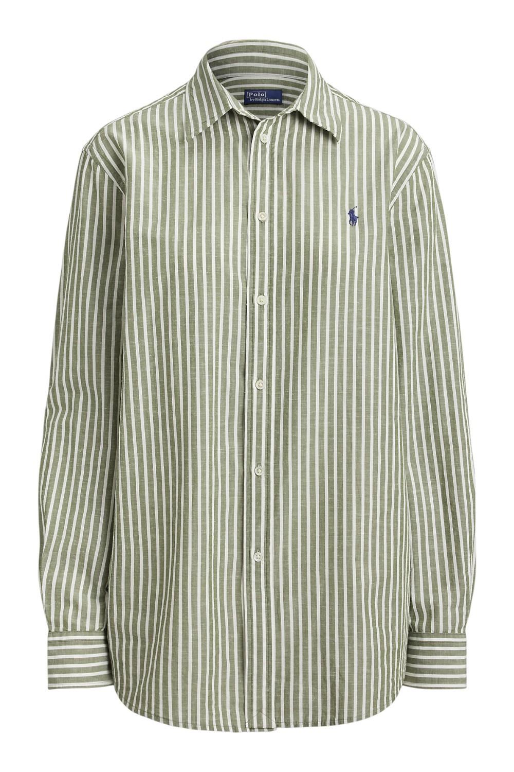 camicia donna in lino e cotone over a righe militare e bianco 