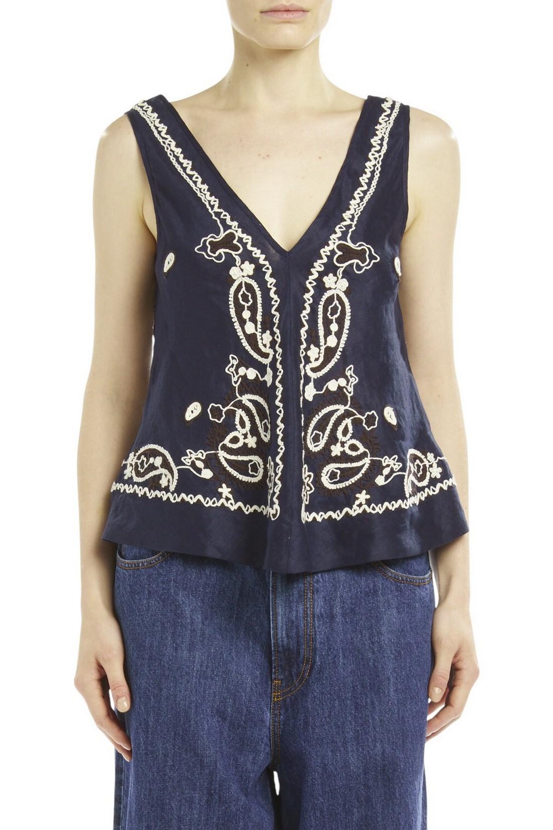 canotta donna in lino ricamato blu e marrone 