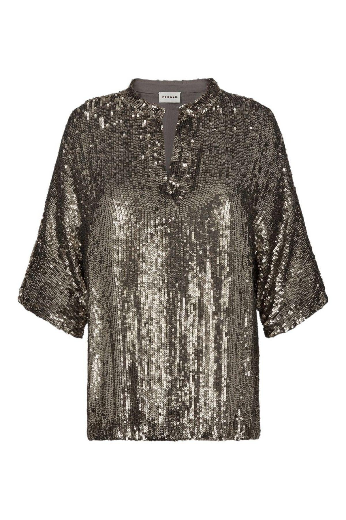 T-shirt donna grigia in paillettes 